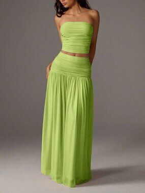 Green Romantic Women's Mesh Tube Top & High Waist Pleated Maxi Skirt